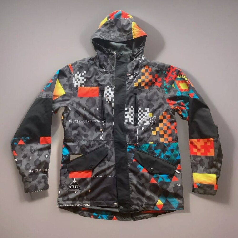 NEFF Ski Snowboard Coat Hard Shell Wind Jacket Small S Colorful Art Print Design
